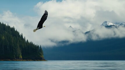 Obraz premium Bald Eagle Soaring Over Misty Mountains