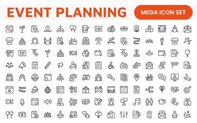 Event Planning Icon Set. Stylish and functional icons for organizers, perfect for scheduling, venue management, and event promotion, ideal for apps, websites, and marketing materials.