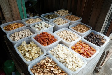 Dried fruits, nuts, and dried vegetables in plastic containers on the market stand for selling dry products at a street food festival or traditional fair with copy space. Asian concept of healthy eati