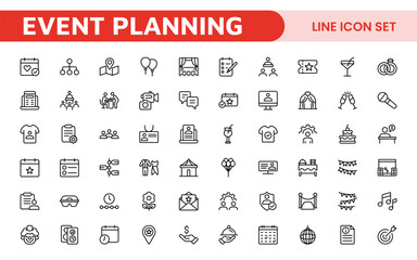 Event Planning Icon Set. Stylish and functional icons for organizers, perfect for scheduling, venue management, and event promotion, ideal for apps, websites, and marketing materials.