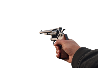 Hand pointing a gun. 1st person perspective view. First Person shooting. Aiming with a gun. Male arm and hand pointing a gun. Transparent background PNG. Premium pen tool cutout.