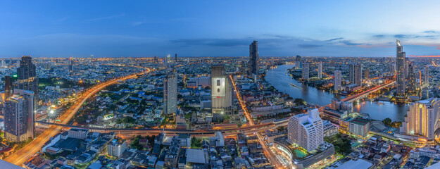 Evening Bangkok city lights and blue sky