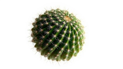 A close-up view of a spherical cactus with numerous sharp spines and a vibrant green hue, isolated against a pristine white background.