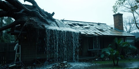 A fallen tree creates a cascading waterfall over a damaged house, leaving a path of destruction in its wake.