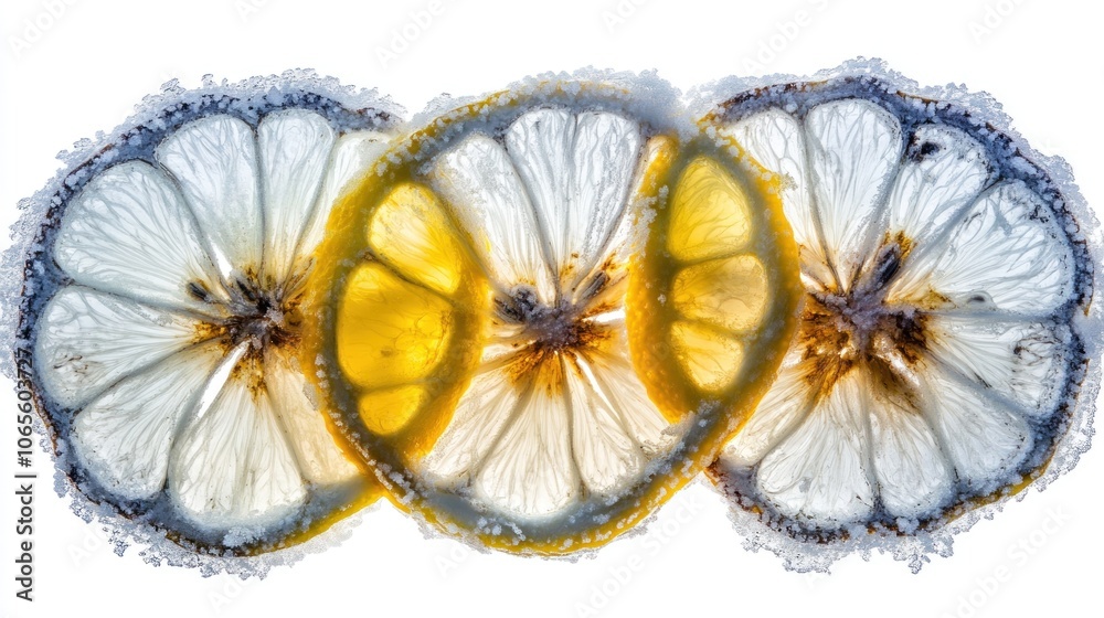 Poster three frozen lemon slices with detailed veins and frost