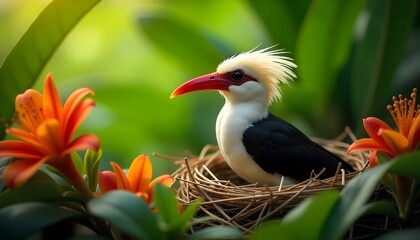 Fototapeta premium Close-up of a red-billed tropicbird nesting among lush green foliage and colorful tropical flowers,