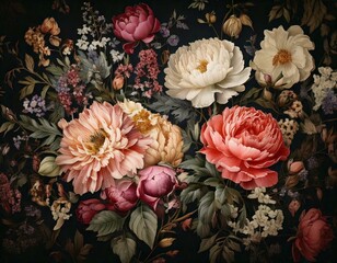 Watercolor flowers background wallpaper illustrations, delicate and artistic design, soft floral pattern, nature-inspired, vintage style, dark and faded tones, subtle elegance, timeless beauty, decora