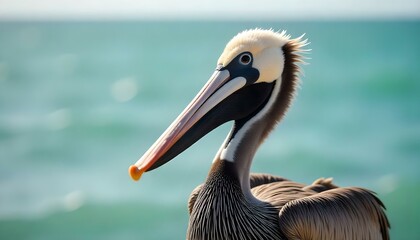 Fototapeta premium Brown Pelican close-up highlighting intricate feather details, eyes with blurred ocean background