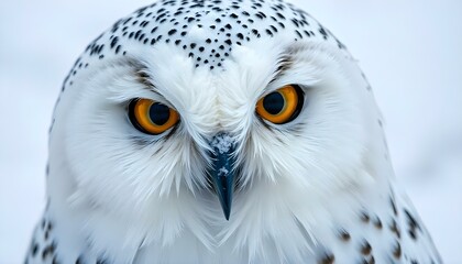 Obraz premium Snowy owl with vivid yellow eyes, female, showcased in close-up against snowy landscape