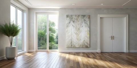Obraz premium Sunlight Streams Through a Window onto a Wooden Floor with a Large Abstract Painting and a White Door in a Modern Interior