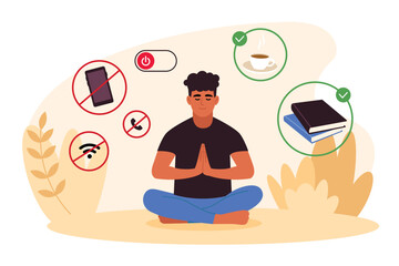 Vector illustration of information detox. Cartoon scene of a guy sitting in the lotus position, without the Internet, social networks, with books, a cup of coffee isolated on a white background.