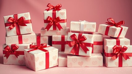 Fototapeta premium A stack of gifts tied with red ribbon, each box decorated with hearts and presented on a pink background