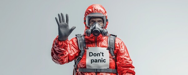 A person in a bright red protective suit and mask raises a hand, displaying a message that reads "Don't panic".