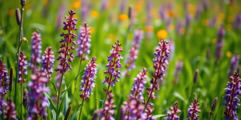 Obraz premium A vibrant field of purple wildflowers, their delicate petals reaching towards the sun, creating a captivating display of nature's beauty.