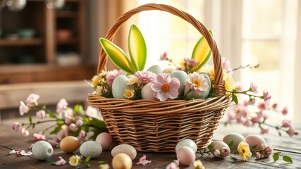 Obraz premium A festive wicker basket overflowing with pastel Easter eggs, nestled amidst delicate pink and yellow blossoms, creating a cheerful spring vignette.