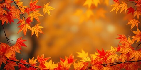 Fototapeta premium A vibrant frame of autumn foliage, with leaves in hues of orange, red, and yellow, creating a natural border against a soft, blurred background.