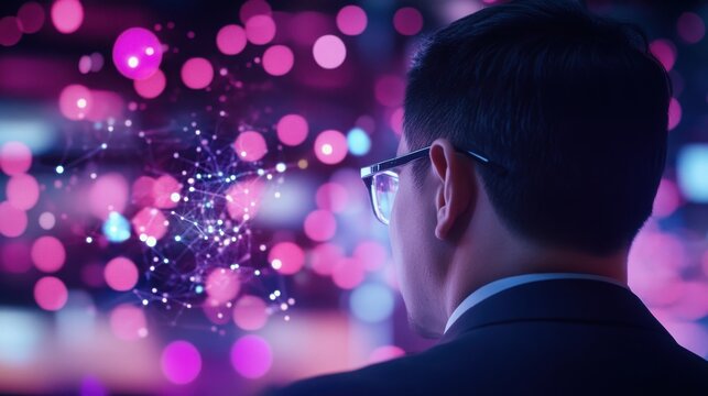 Businessman in suit and tie sitting at desk in futuristic corporate office looking intently at glowing digital display or hologram surrounded by abstract colorful bokeh lights concept of innovation