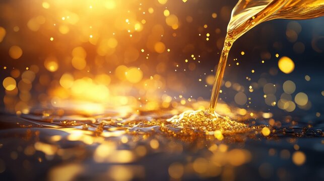Cascading golden liquid flowing with radiant sparkles and mesmerizing glowing light effects creating a dynamic and luminous abstract background with a sense of energy luxury and visual elegance