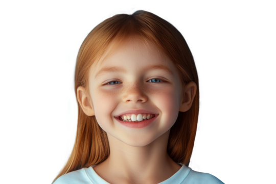 American girl with long red hair is smiling and looking at the camera