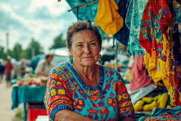 Obraz premium Candid Portrait of a Smiling Middle-Aged Woman at Her Colorful Clothing Stall in the Market