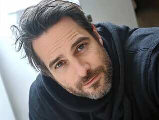 A man with a beard and gray hair is wearing a black hoodie