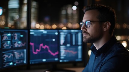 Focused and determined businessman deeply engaged in analyzing complex market data financial graphs and investment strategies on multiple computer screens in a high tech modern office environment