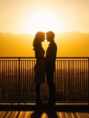Fototapeta premium A couple sharing a romantic moment silhouetted against a sunset.