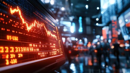 Vibrant financial data visualizations displayed on digital screens against the backdrop of a dynamic urban nightscape