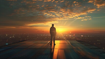 A technician installing solar panels on a rooftop for renewable energy, sustainable investment