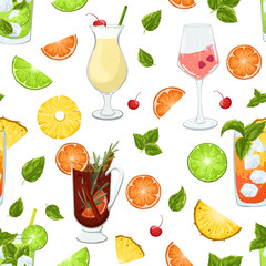 Cocktails vector seamless pattern on white background. Summer bright design with mojito, pina colada, champagne, mulled wine, mai tai, exotic fruits. Hand drawn print for wallpaper, wrapping