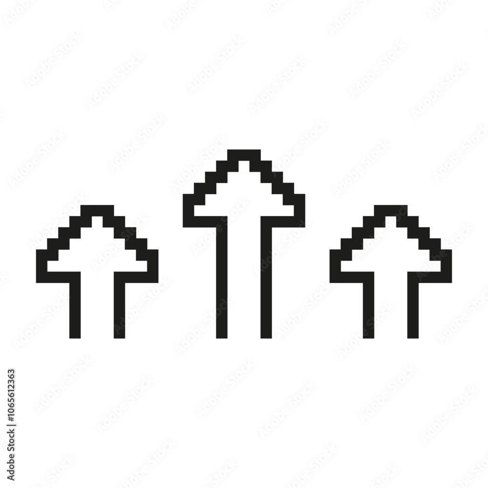 Poster pixel art three up arrows icon. set of three pixelated upward pointing arrows. isolated vector illus