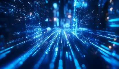 Blue glowing light rays and optical fiber background with bokeh lights, data transfer concept, technology background, close-up view.