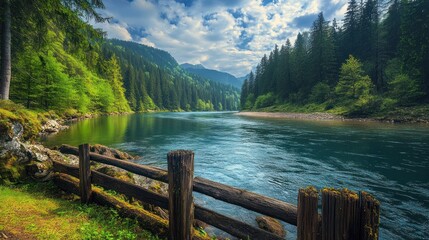 Serene river landscape surrounded by lush greenery and mountains under a cloudy sky.
