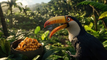 Naklejka premium A toucan with an open beak stands in front of a bowl of fruit in a tropical jungle.