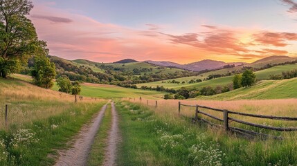 Scenic landscape at sunset with a dirt path and rolling hills.
