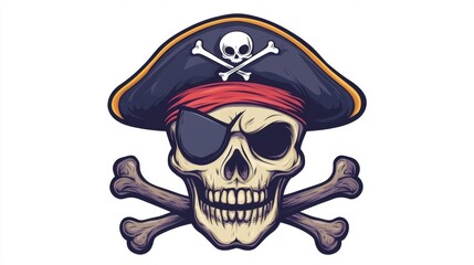 Fototapeta premium Closeup view of skull wearing pirate captain cap with crossing bone. The decoration element for Halloween.