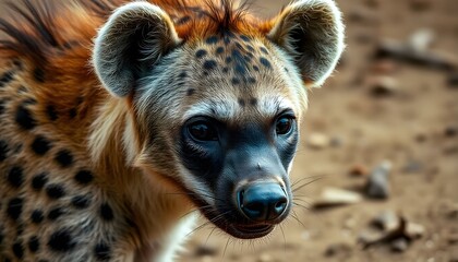 Obraz premium Portrait of a spotted hyena with distinctive fur patterns and keen eyes highlighting its rugged nature