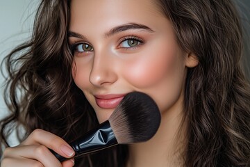 Smiling young beautiful woman model with elegant hair applying blush with makeup brush cosmetic beauty