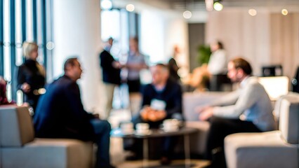 Fototapeta premium Networking Lounge Blur - Blurred background featuring a relaxed lounge area with professionals chatting. 