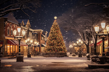 Fototapeta premium A beautiful winter night scene featuring a decorated Christmas tree surrounded by snow-covered streets and glowing street lamps, creating a magical holiday atmosphere