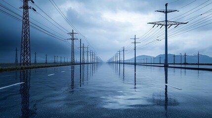 Reflections on a wet road with power lines under a moody sky.