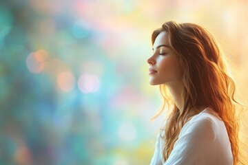 Fototapeta premium A serene woman reflects peacefully against a colorful background in soft morning light