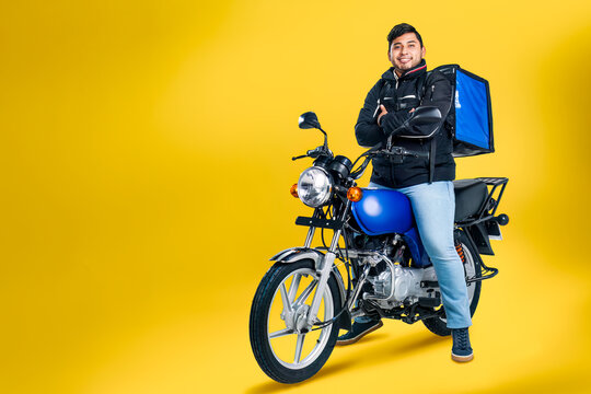 Delibery is riding a motorcycle.