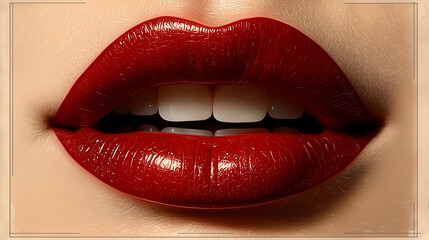 Obraz premium Glossy Red Lips Close-Up with Detailed Texture – Bold and Expressive Lip Makeup