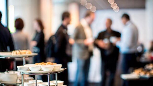 Business Networking Breakfast Blur - Soft blur of professionals enjoying breakfast while networking.
