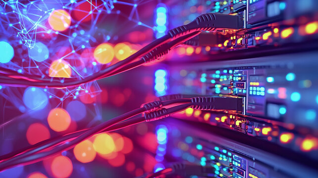 Illuminated Server Racks with Data Streams and Network Hardware