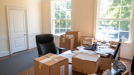 Modern Office Space Transformation with Unpacked Boxes