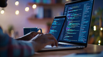 Developer Hands Typing Code on Laptop with Mobile App Reflection