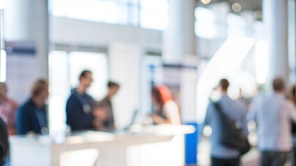 Networking Event Registration Blur - Fuzzy image of attendees checking in at an event.

