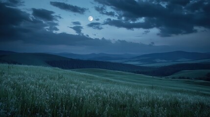 A serene night landscape under a full moon with rolling hills and cloudy skies.
